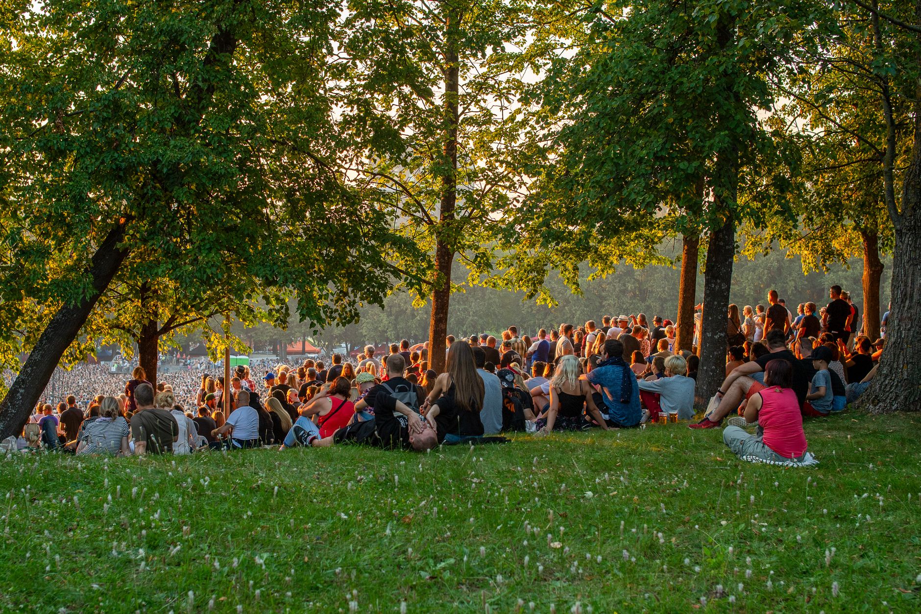 A packed outdoor music festival crowd at sunset beside the Ottawa River
